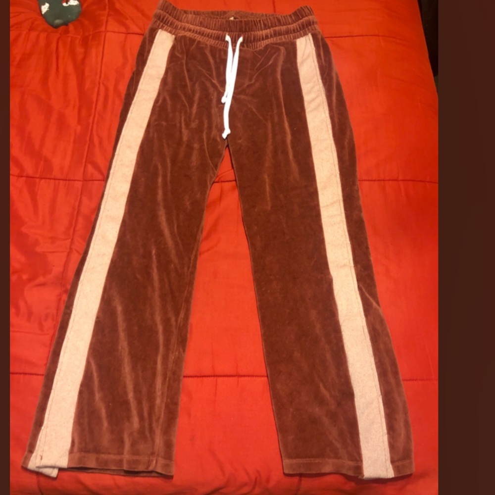 Women’s Burgundy Velour Track Pants with Cream Side Stripe